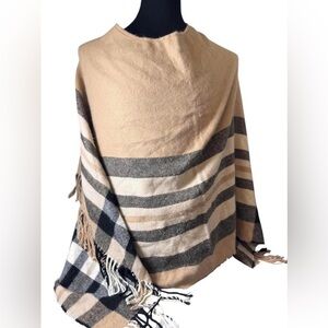 Cozy Tan & Black Fringe Knit Shawl - One Size